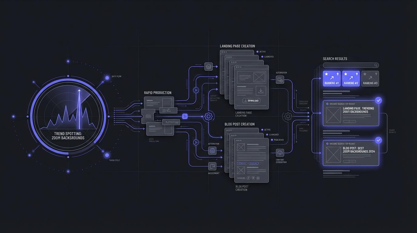 Conceptual art showing Canva's agile marketing machine rapidly creating new landing pages and content to capitalize on the emerging "Zoom backgrounds" trend.